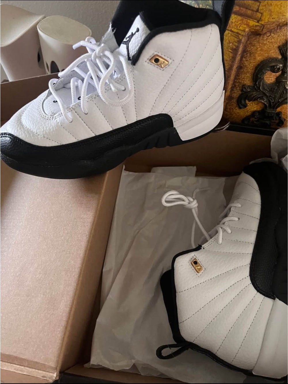 Jordan 12 Retro (PS) in White, Black & Gold Accent